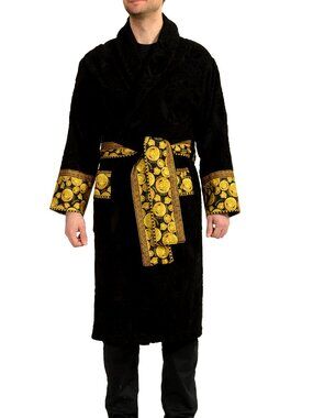 Versace Black Medusa Logo 100% Cotton Belted Bathrobe Size L